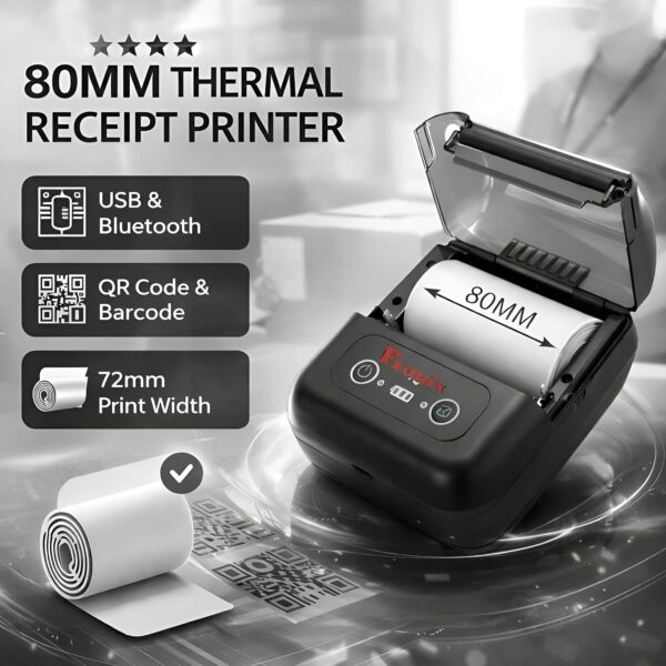 3-Inch Portable Thermal Receipt Printer, Blue-Tooth & USB | Mini Mobile POS Printer for Android, iOS, Windows | 80mm Printing Width