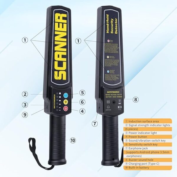 Version 1.0.0 Handheld Metal Detector High Sensitivity | Rechargeable with inbuilt 1800mAh Battery & Charger | Audio, Vibration & LED Alerts | Security Scanner for Airports, Malls, Schools & Banks
