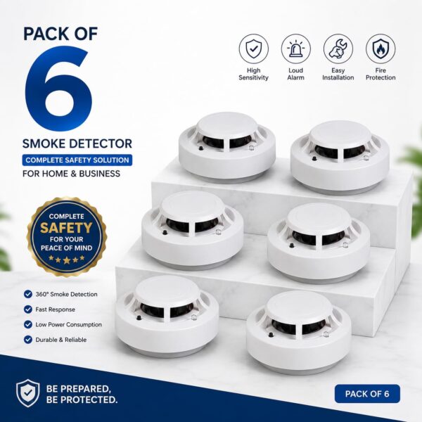 Pack of 6 Smoke Detector Alarm, White Photoelectric Fire Alarm Sensor, Ceiling Mount, Easy Installation