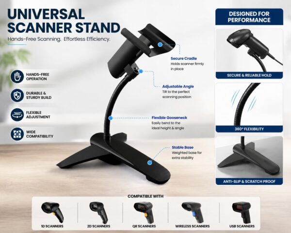 Barcode Scanner Stand Holder, Universal Hands-Free Desktop Mount for 1D & 2D Barcode Scanners, Adjustable for POS, Retail Store, Supermarket & Warehouse