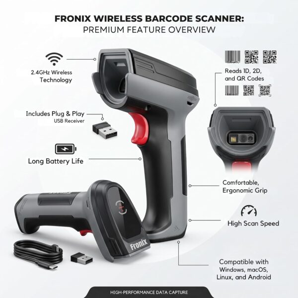 1600 Wireless 2D & 1D Barcode Scanner Bluetooth 5.0 & 2.4G QR Code Reader, CMOS Sensor, Auto Induction Scanning, 2 Year Warranty